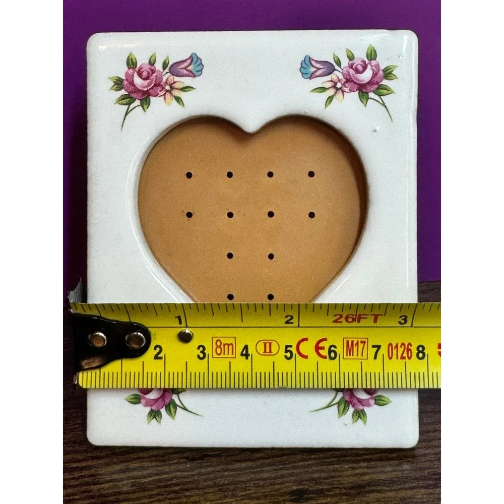 Vintage Ceramic Heart Floral Picture Frame White Pink Roses Tabletop 3.5x2.75